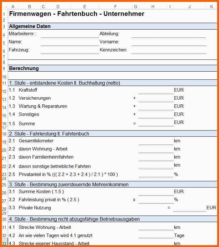 Wunderbar Vorlage formulare Zur Pkw Nutzung Und Fahrtenbuch