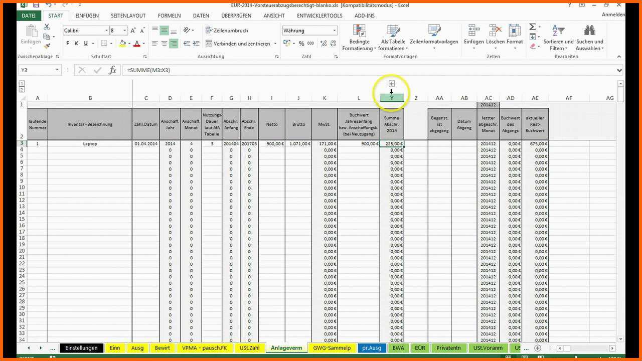 Wunderschönen Anlagevermögen In Excel Vorlage EÜr Eintragen Und Ins
