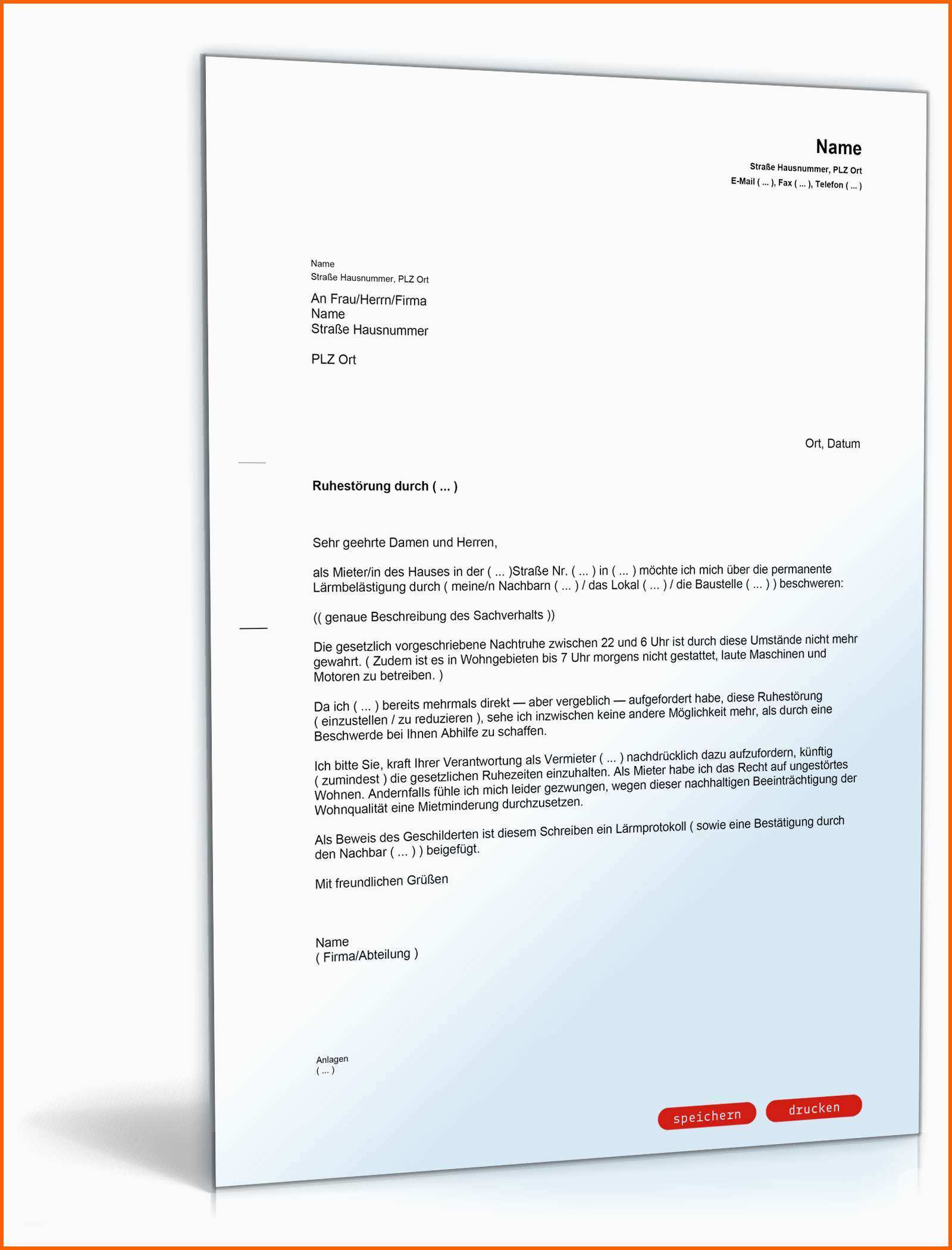 Wunderschönen Beschwerde über Ruhestörung Muster Vorlage Zum Download