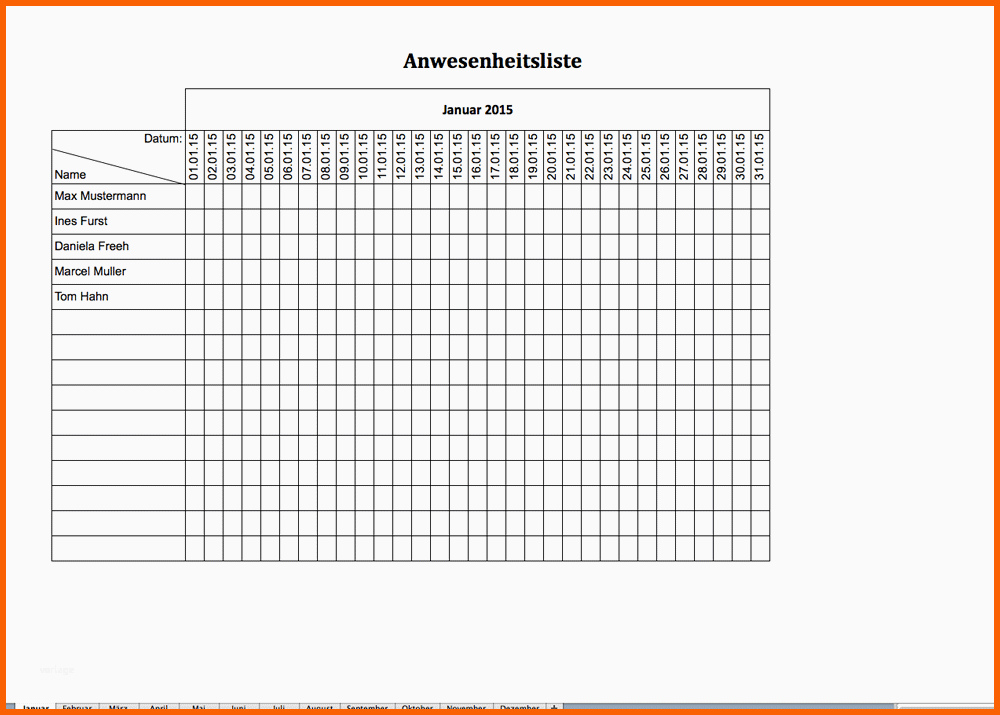 Wunderschönen Excel Vorlage Anwesenheitsliste Kostenlos