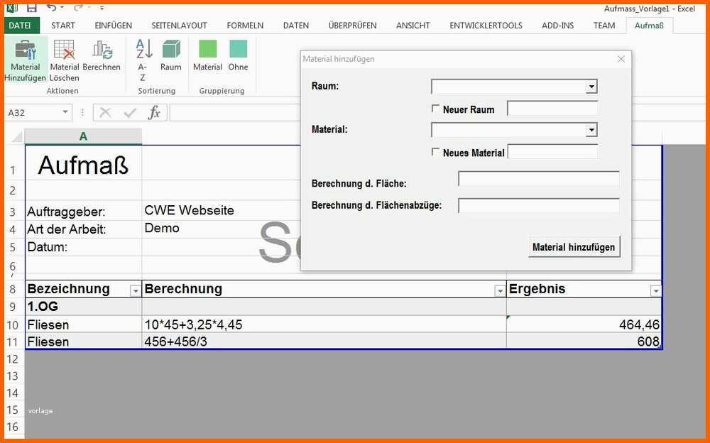Wunderschönen Excel Vorlage Für Aufmaß