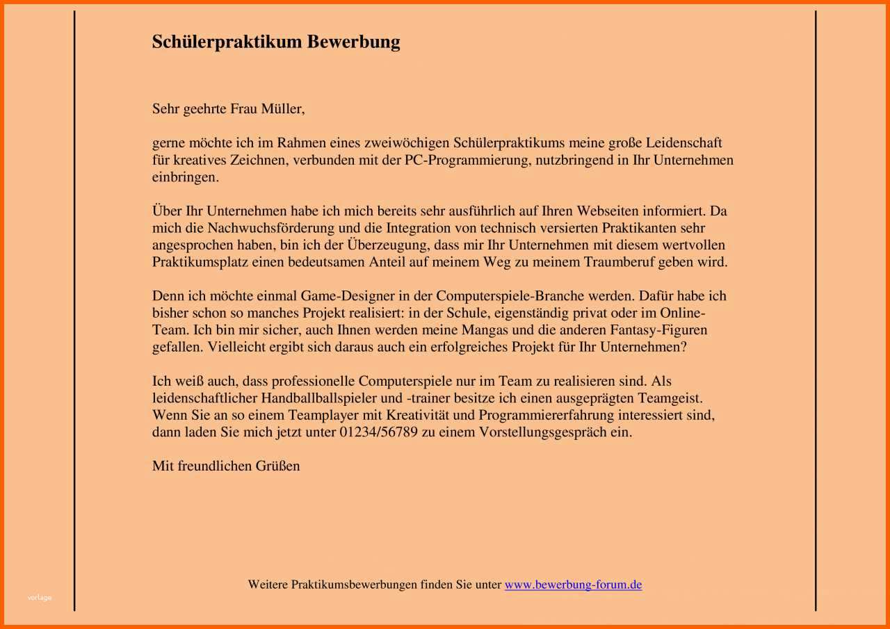 Wunderschönen Schülerpraktikum Bewerbung Muster Zum Bewerben