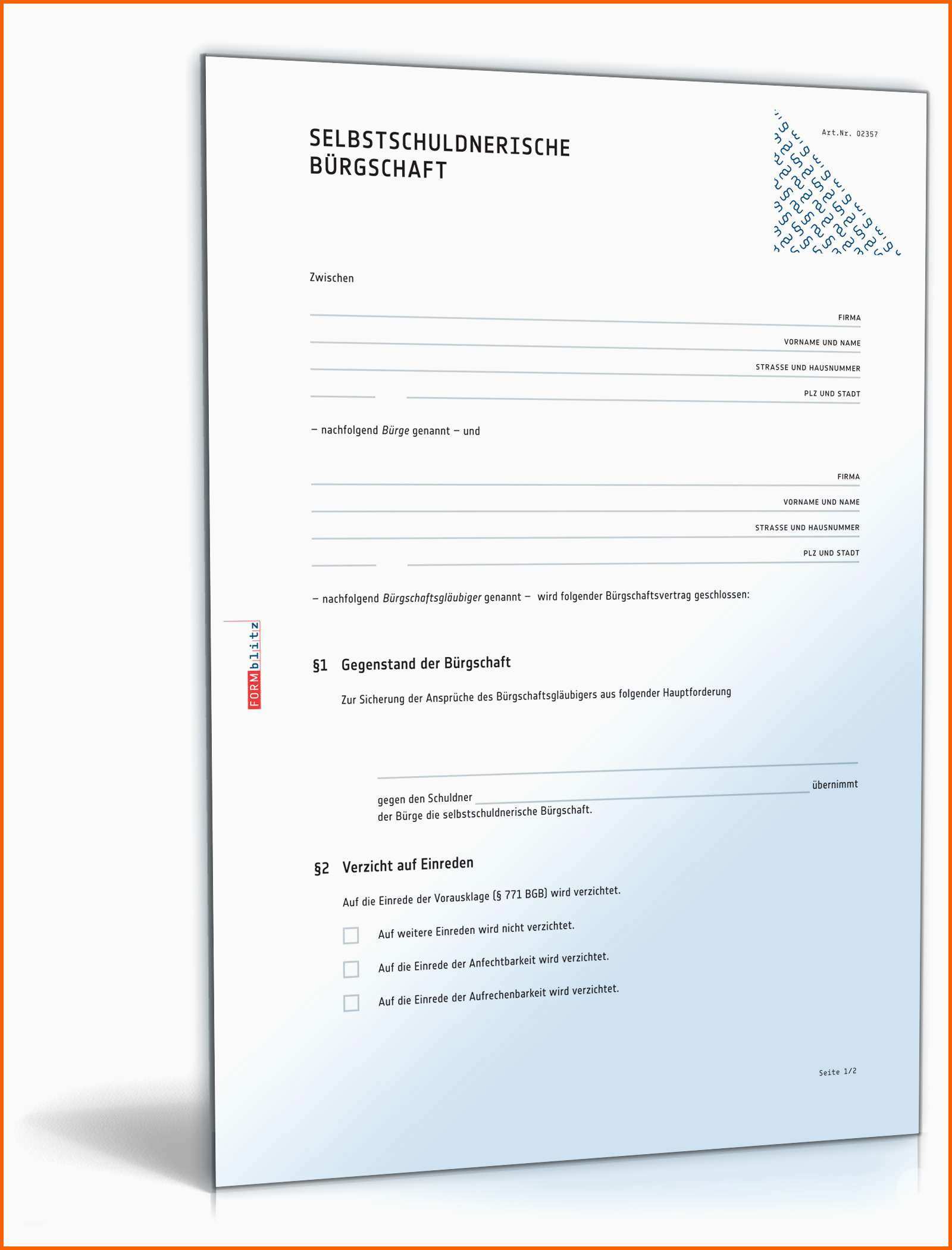 Wunderschönen Selbstschuldnerische Bürgschaft Muster Vorlage Zum Download